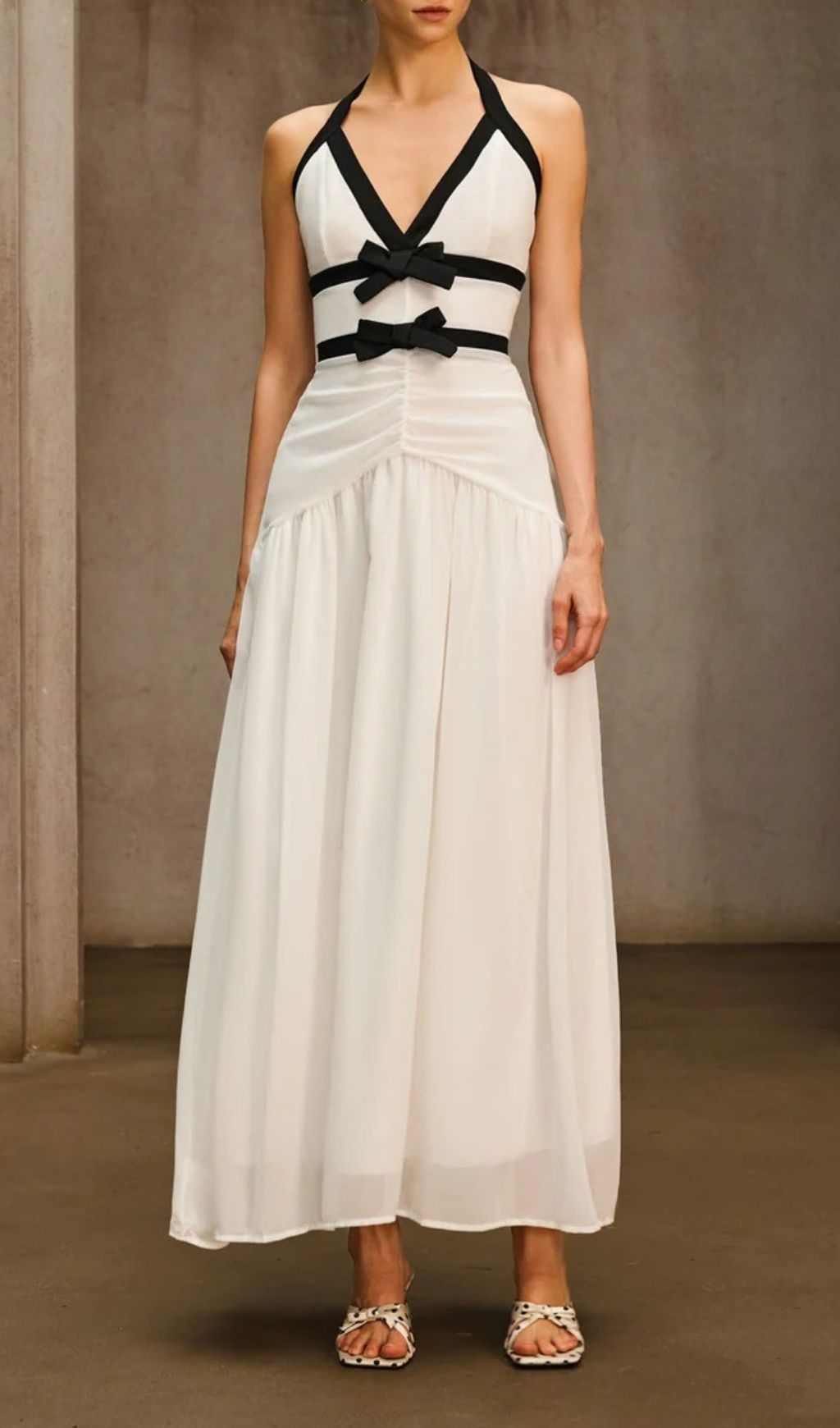 Ovelixor V Neck Bow Ruched Maxi Dress