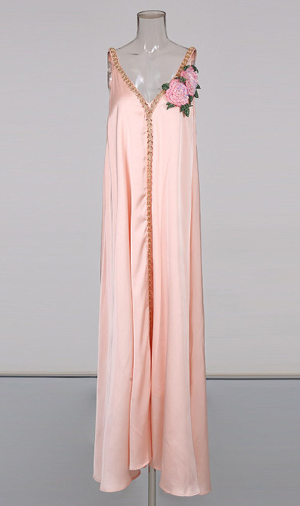 Inge Elegant Pink Floral Maxi Dress | Strappy V-Neck & Chain Trim Gown