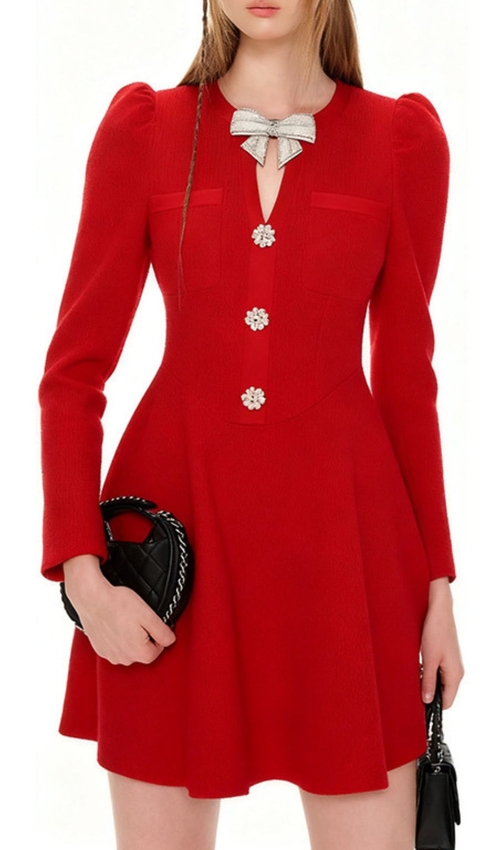 Turn Heads in Red: Italia Bow-Accent Long Sleeve Mini Dress