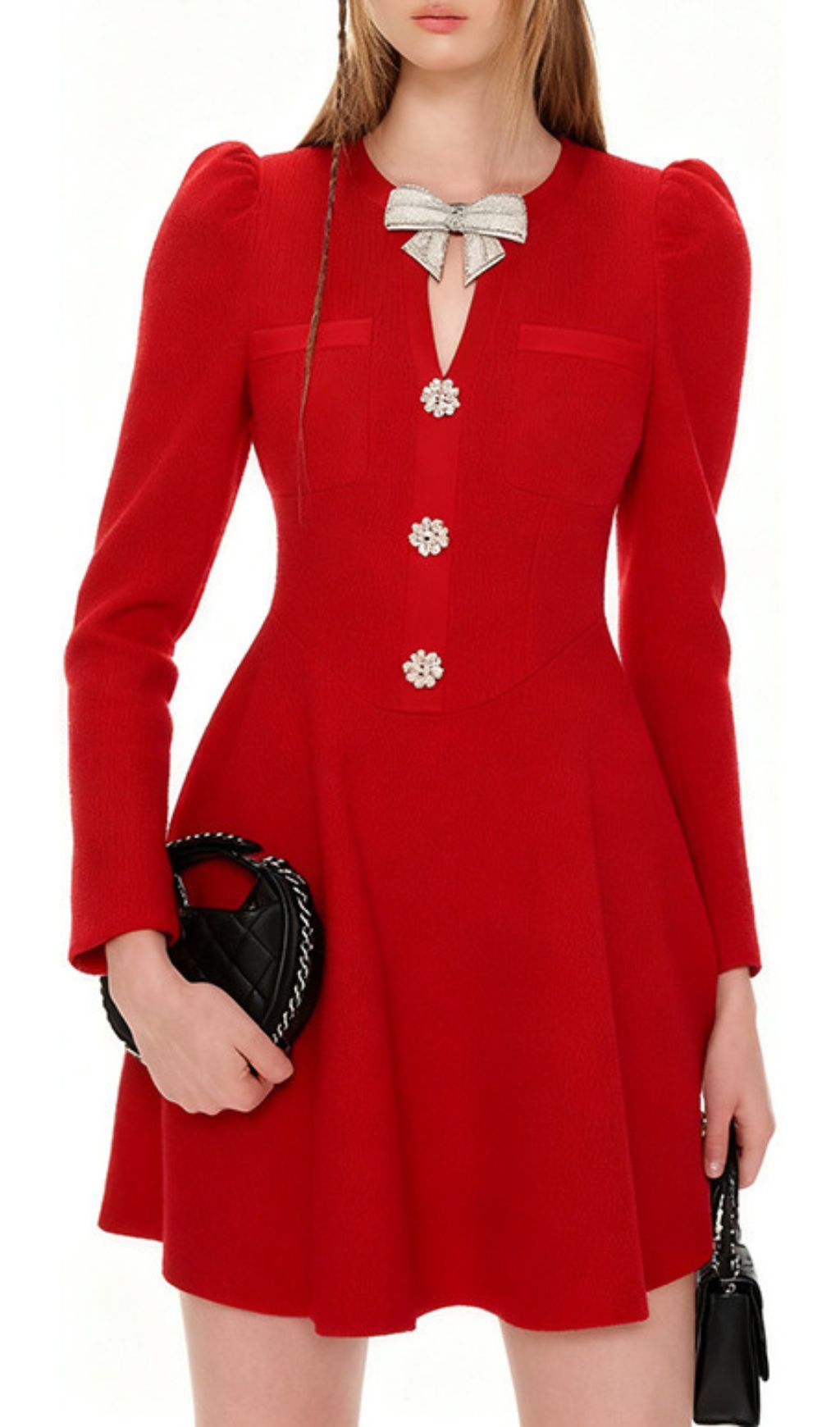Turn Heads in Red: Italia Bow-Accent Long Sleeve Mini Dress