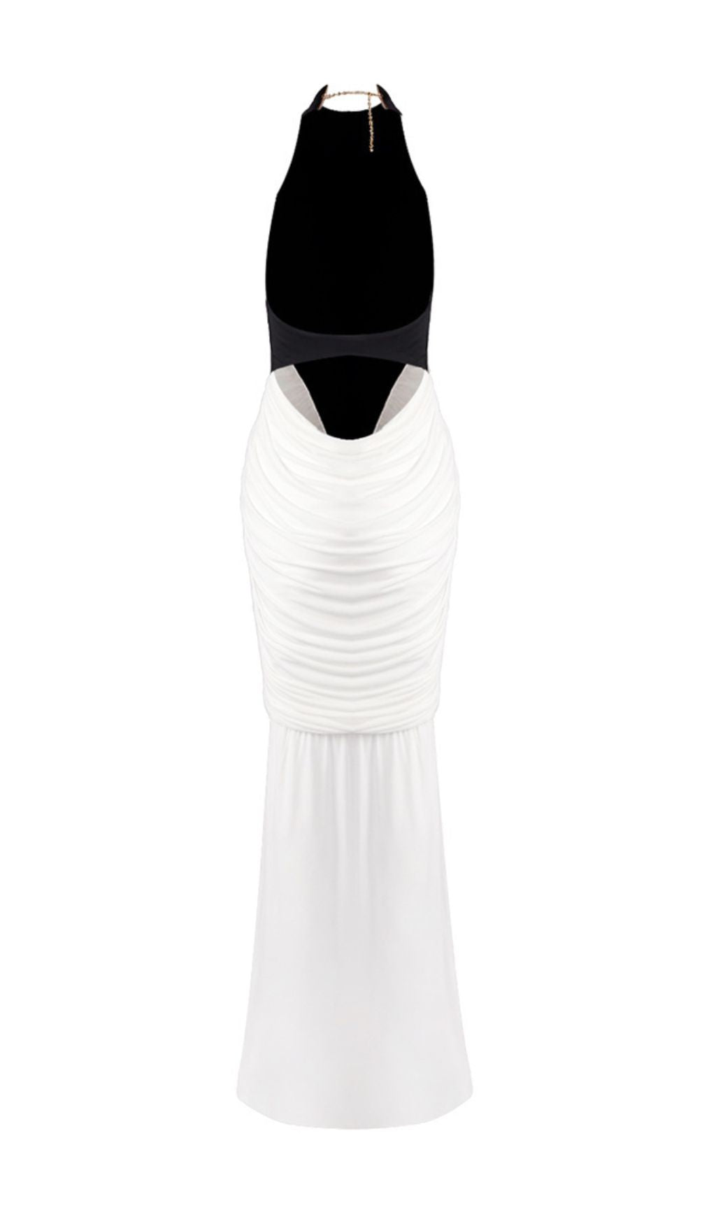 Itzel Black & White Halter Backless Maxi Dress - Ruched Gala Gown
