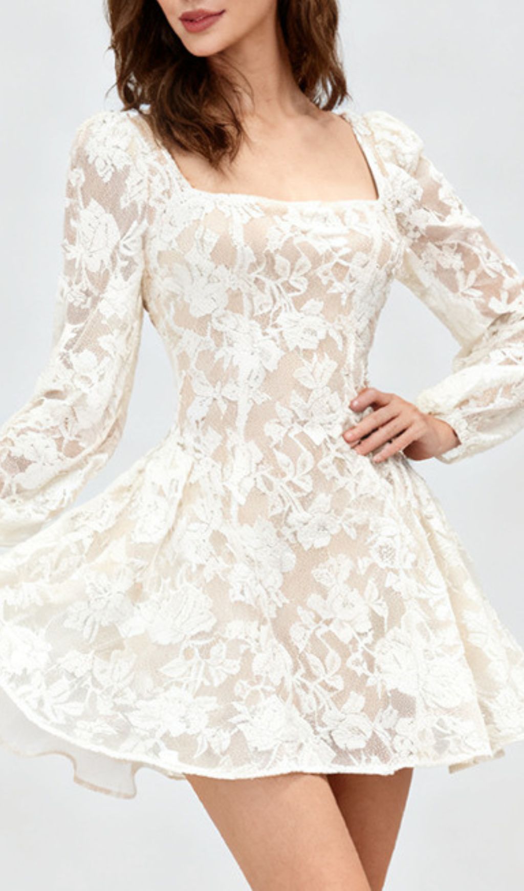 Ilithyia Romantic Lace Long Sleeve Mini Dress - Square Neck A-Line