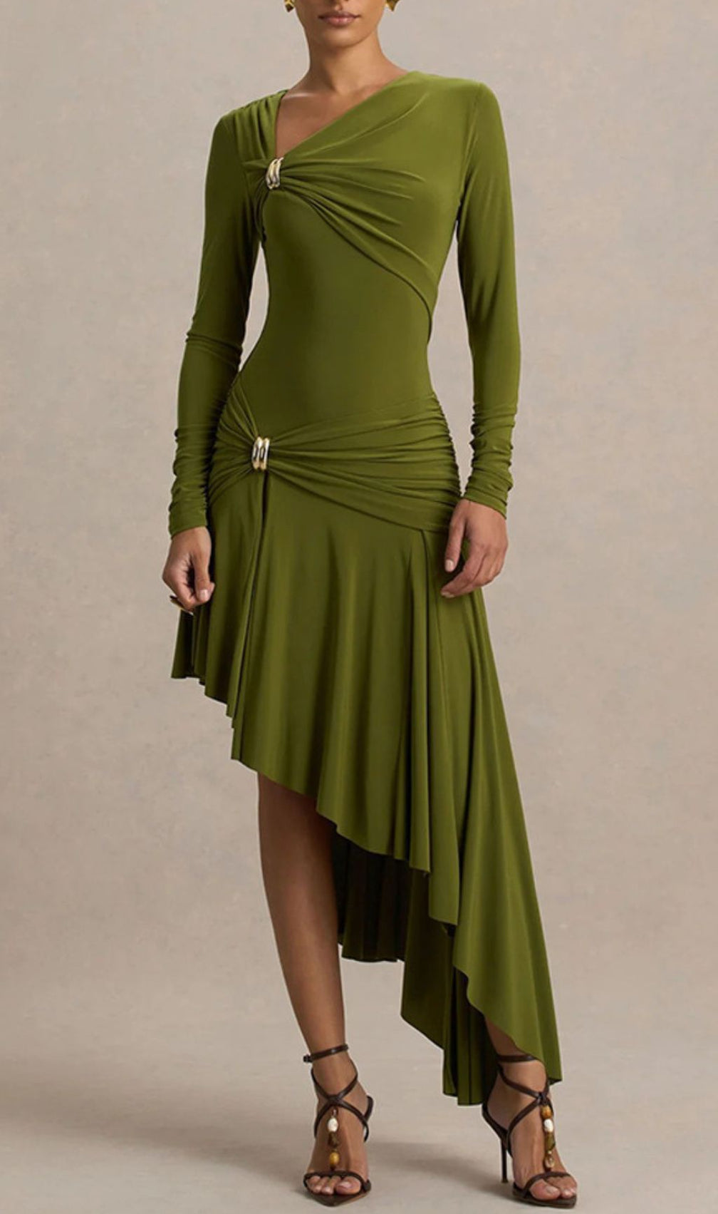 Nedelya Draped Long Sleeve Midi Dress – Elegant Olive Green Day-to-Night Style