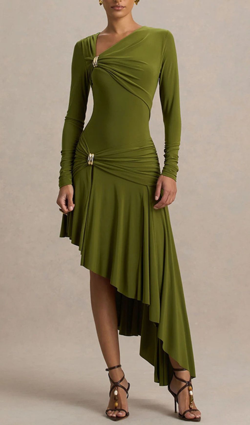 Nedelya Draped Long Sleeve Midi Dress – Elegant Olive Green Day-to-Night Style