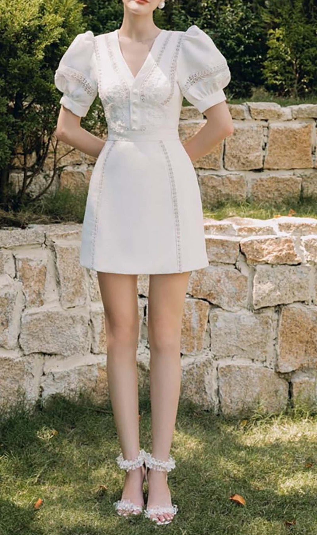 Lace Puff Sleeve Midi Dress In White