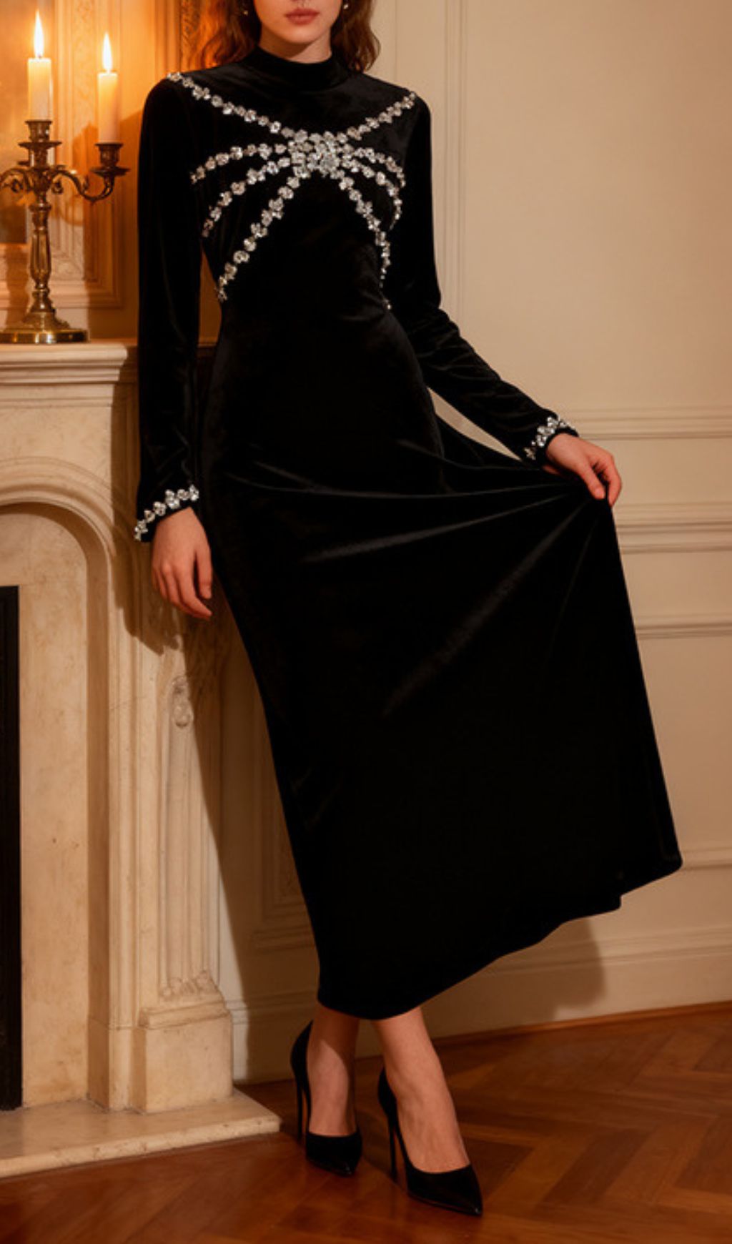 Isanne Velvet & Diamante Long Sleeve Maxi Dress - Your Dazzling Gala & Holiday Essential