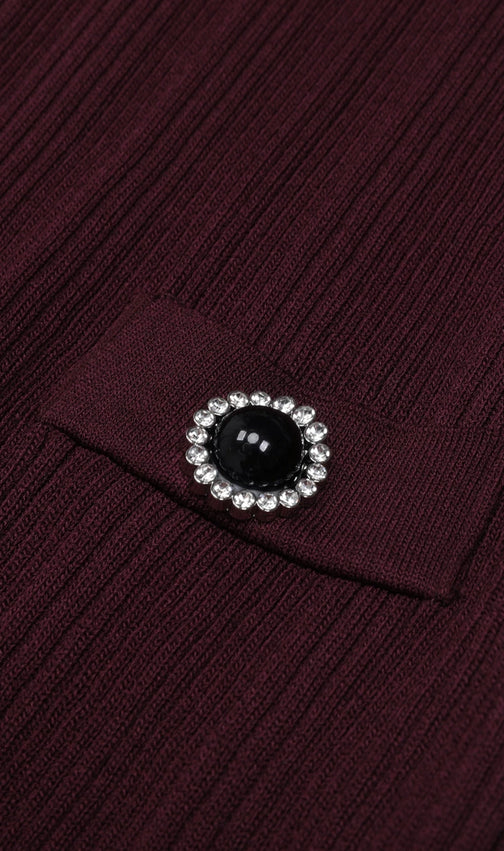 Javier Ribbed Knit Midi Dress - Long Sleeve, Contrast Collar & Burgundy Hue