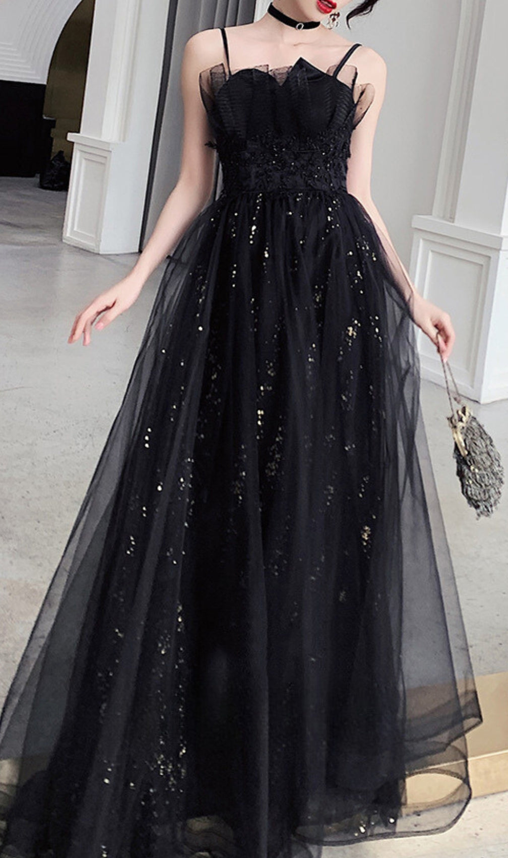 Chiye Black Strappy Mesh Maxi Dress