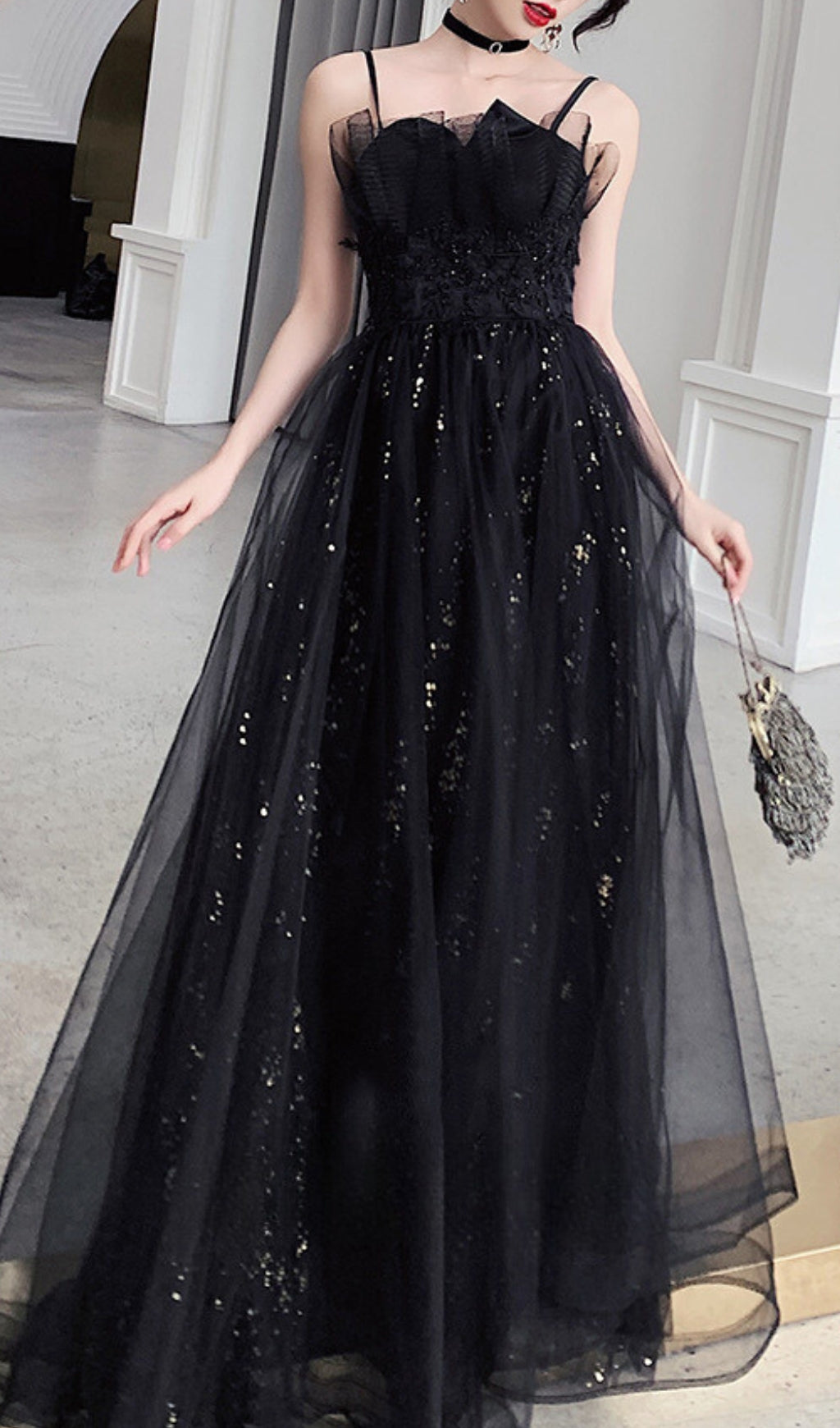 Chiye Black Strappy Mesh Maxi Dress