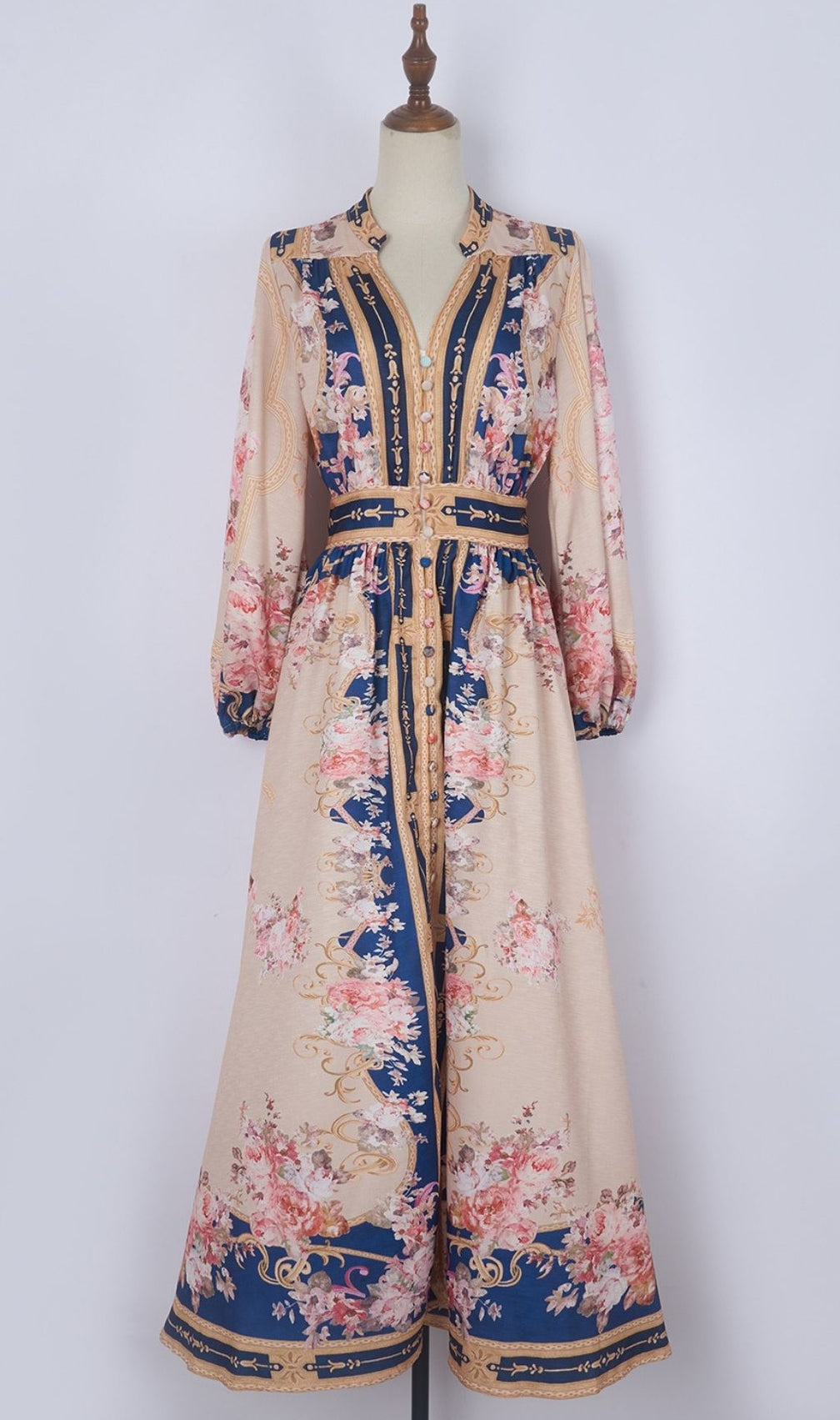 Kamillia Elegant Navy & Blush Floral Belted Long Sleeve Maxi Dress