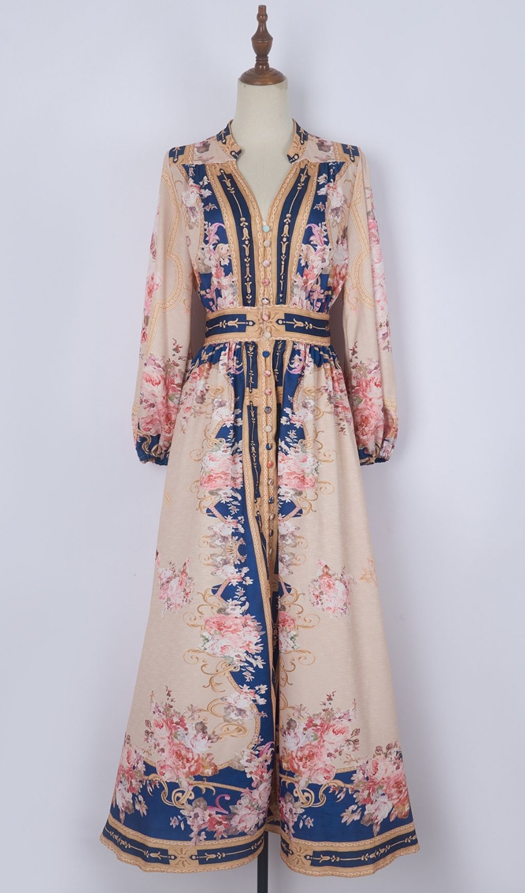 Kamillia Elegant Navy & Blush Floral Belted Long Sleeve Maxi Dress