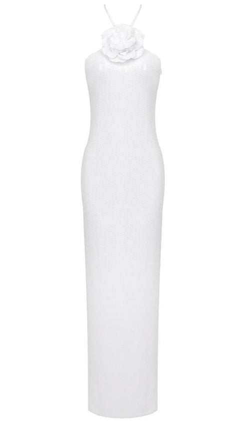 Anila White Sequin Rosette Halter Maxi Dress - Glamorous & Show-Stopping