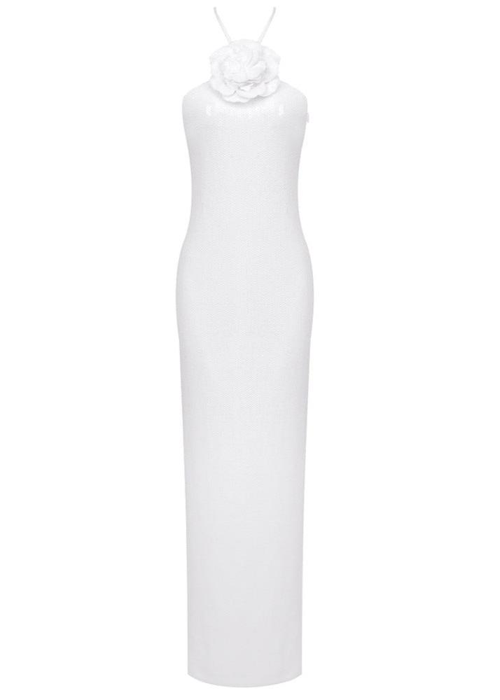 Anila White Sequin Rosette Halter Maxi Dress - Glamorous & Show-Stopping