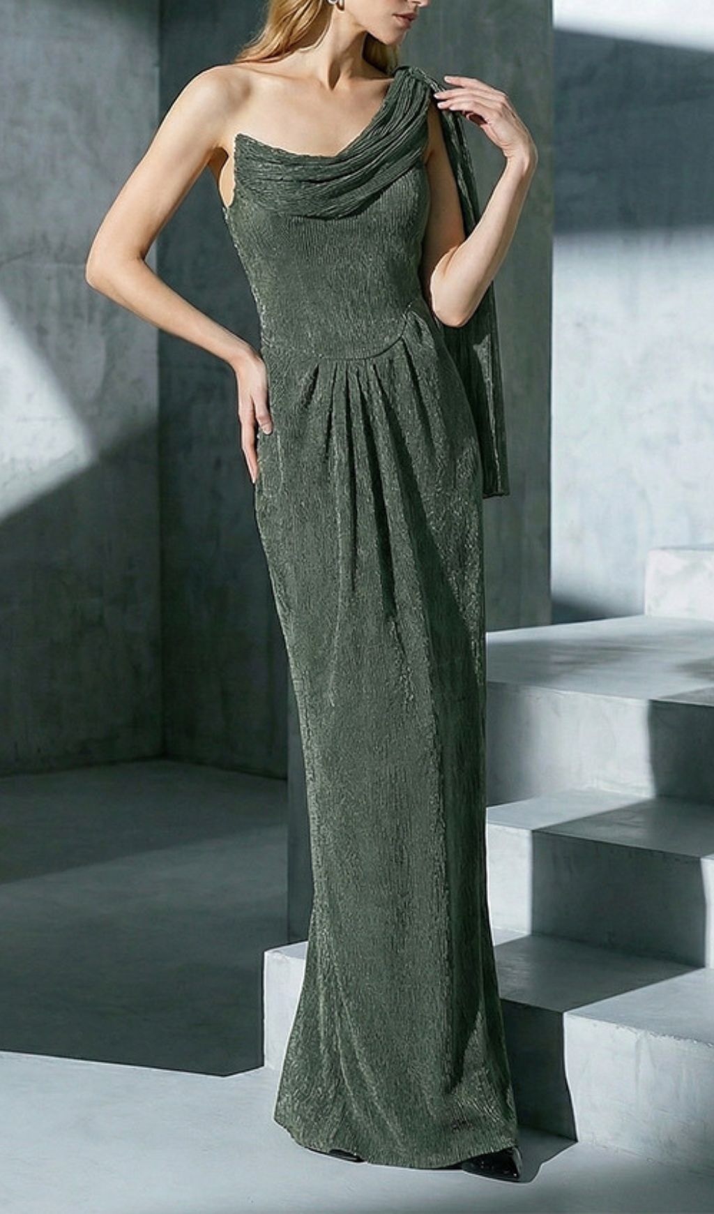 Jenae Olive One-Shoulder Maxi Dress