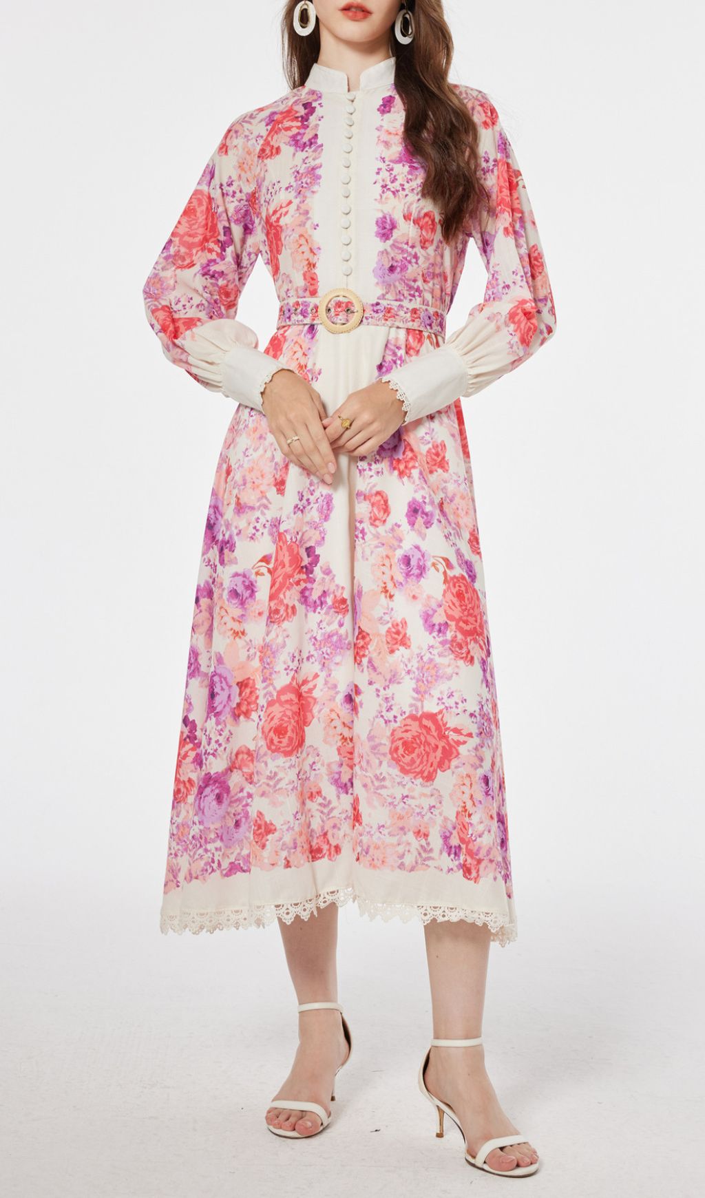 Jarl Elegant Pink Floral Long Sleeve Midi Dress | Vintage Chic