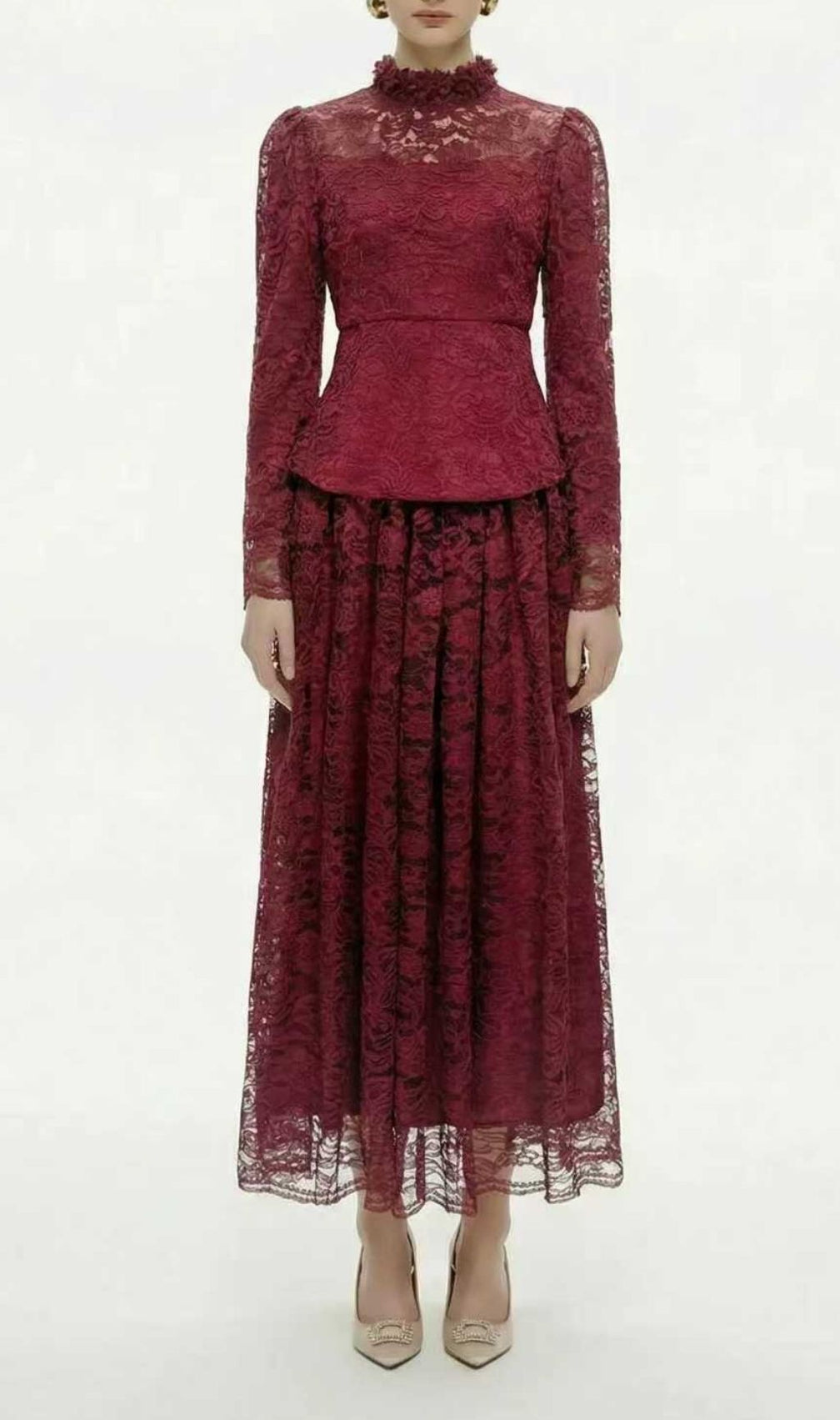 Kaylynn | Elegant Lace Long-Sleeve Peplum Top & Midi Skirt Set