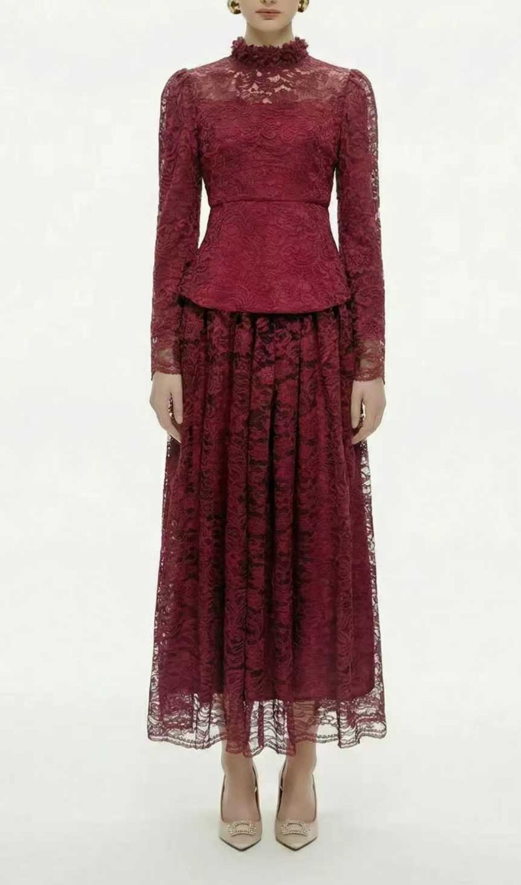 Kaylynn | Elegant Lace Long-Sleeve Peplum Top & Midi Skirt Set
