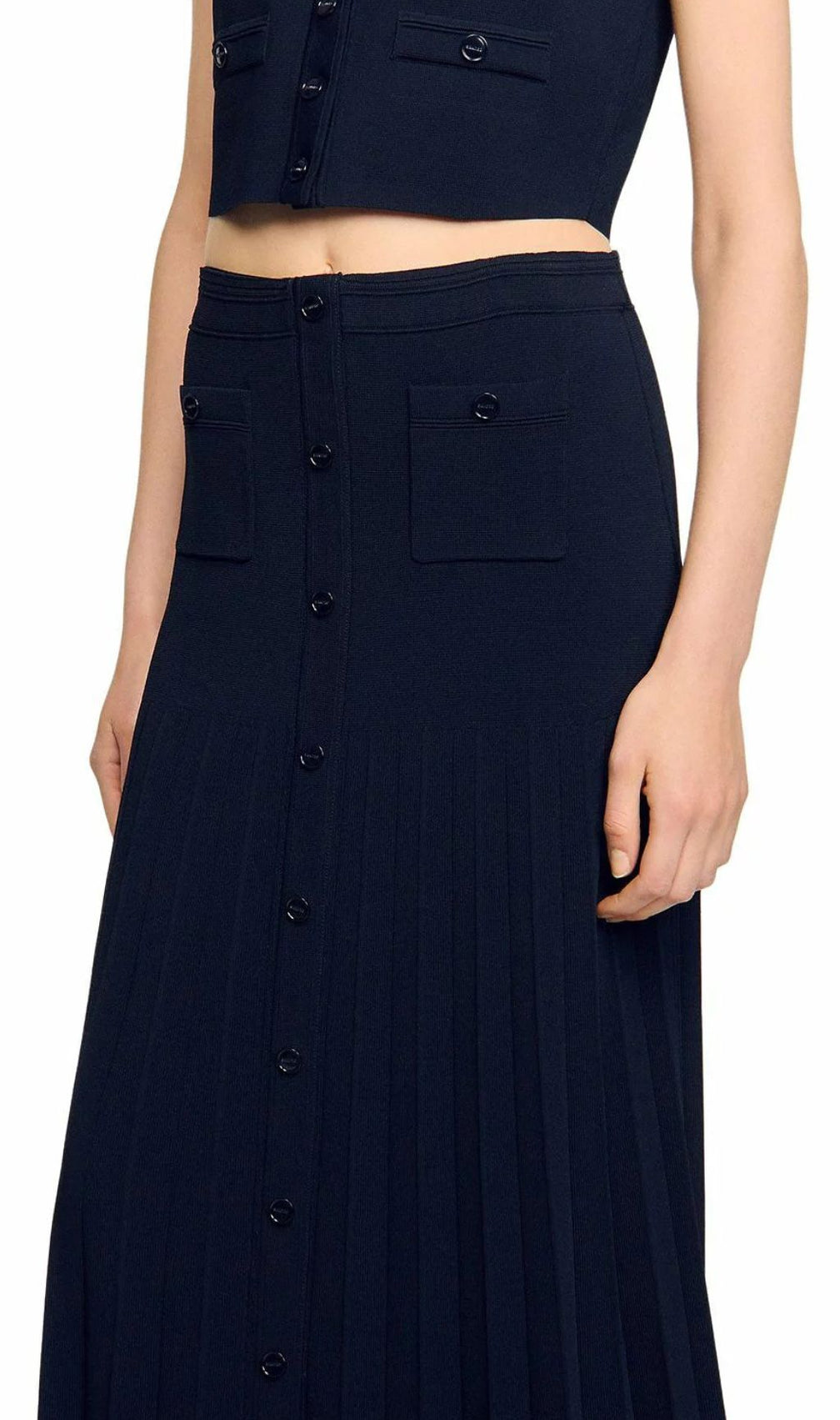 Chic Two-Piece Navy Knit Set: Cropped Vest & Pleated Maxi Skirt