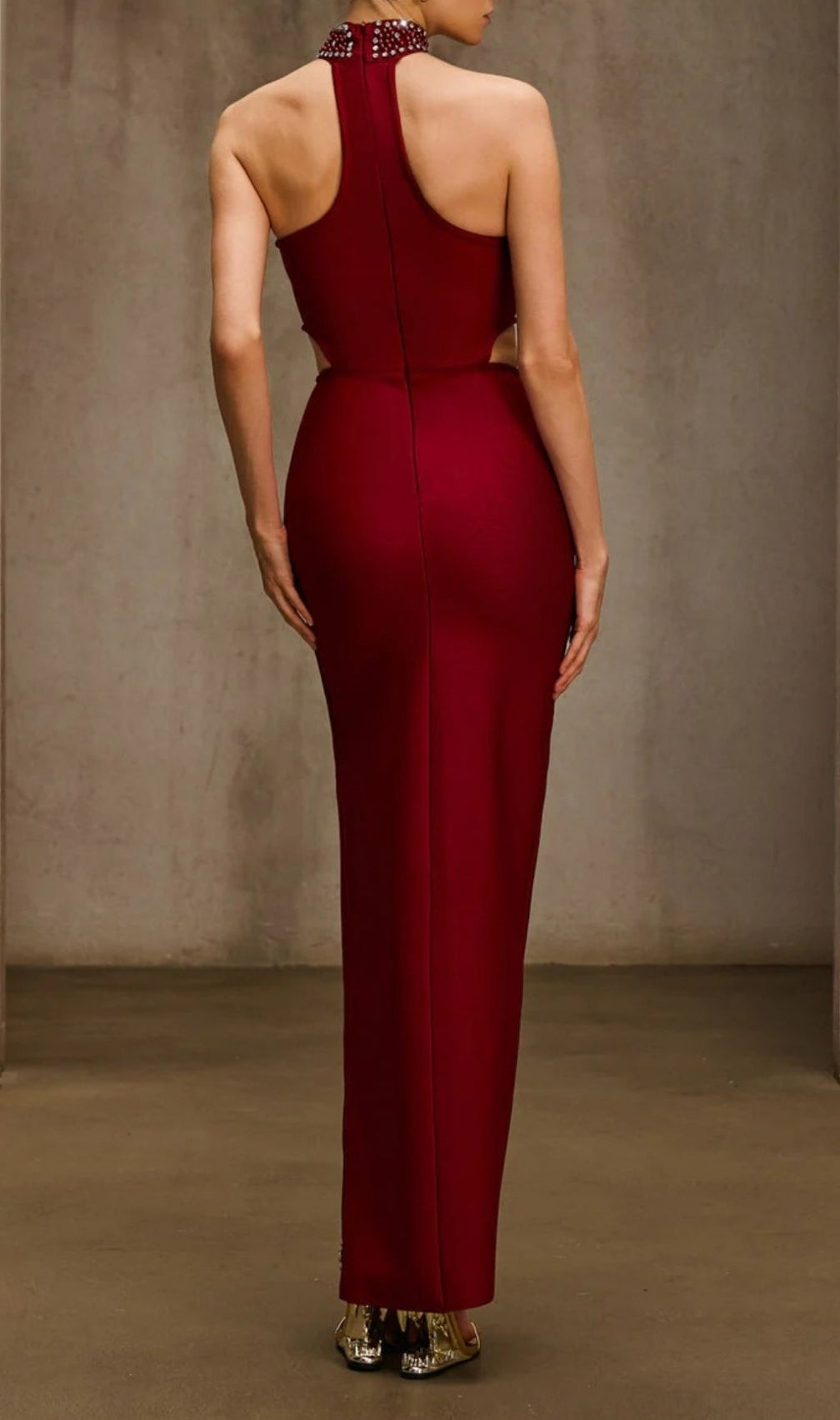 Dympna Crystal Cutout Halterneck Maxi Dress - Showstopping Red Carpet Gown