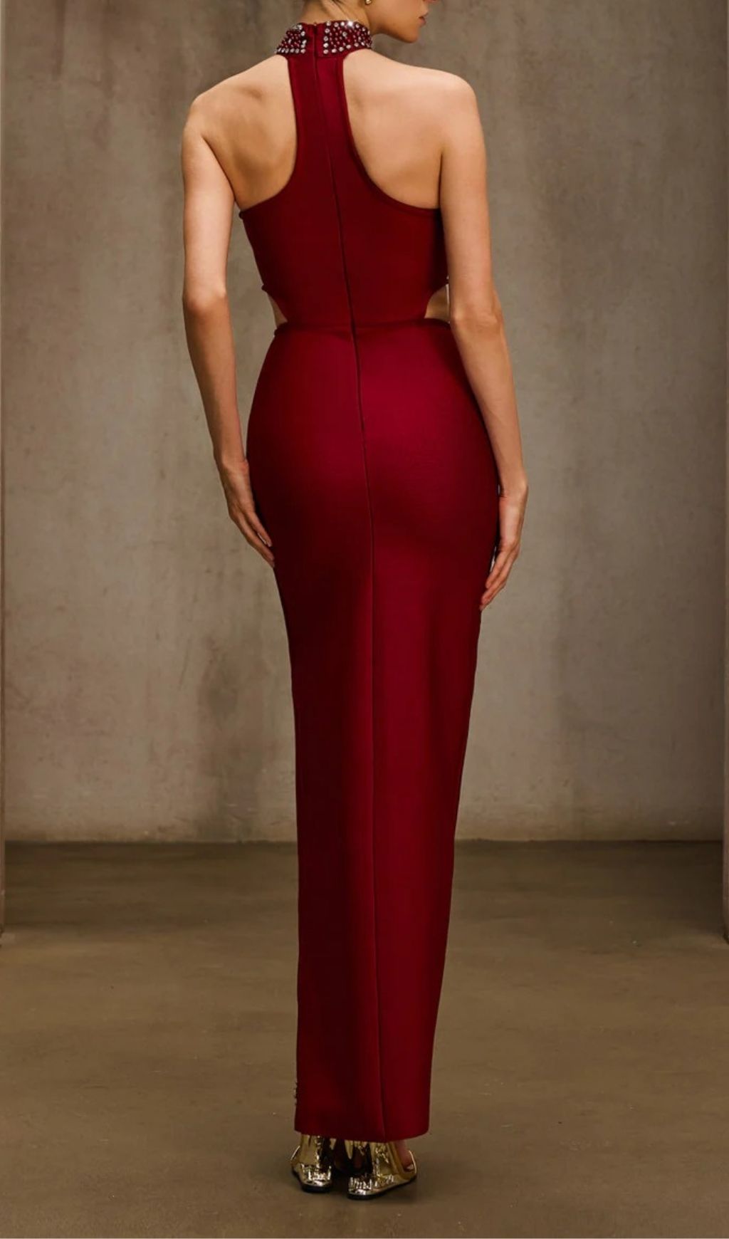 Dympna Crystal Cutout Halterneck Maxi Dress - Showstopping Red Carpet Gown