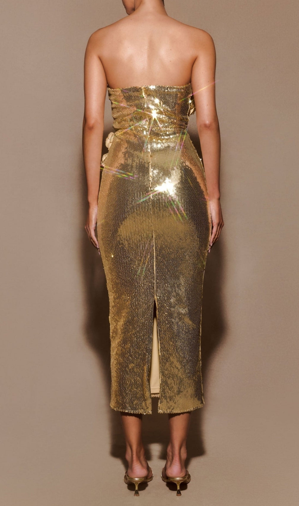 Elish Gold Strapless Flower Sequin Midi Dress