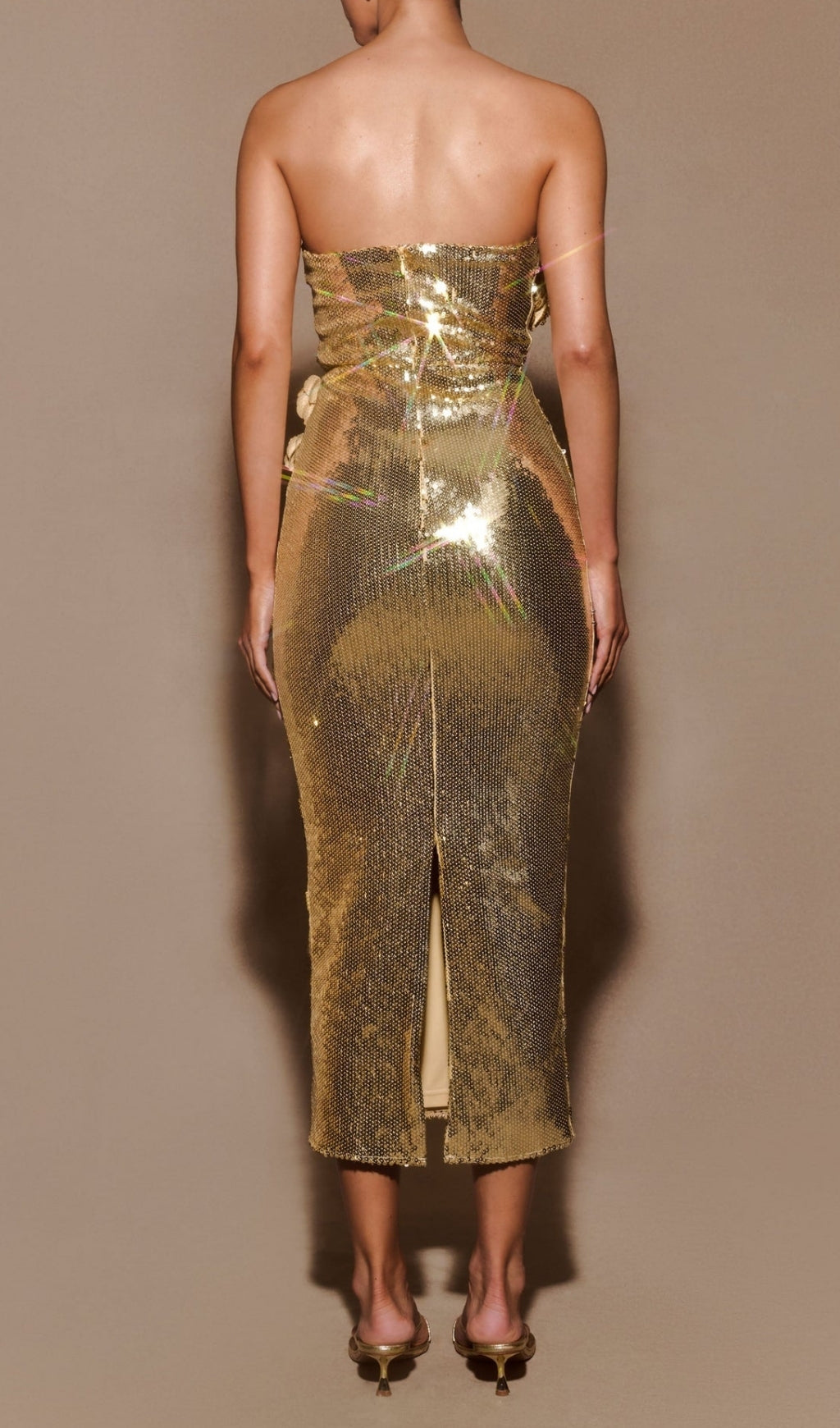Elish Gold Strapless Flower Sequin Midi Dress