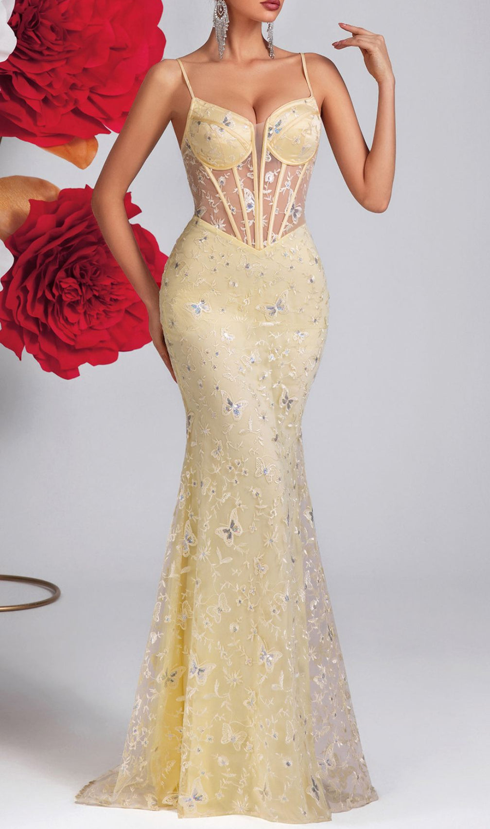 Enchanting Yellow Butterfly Corset Maxi Dress | Elegant Gala & Wedding Guest Gown