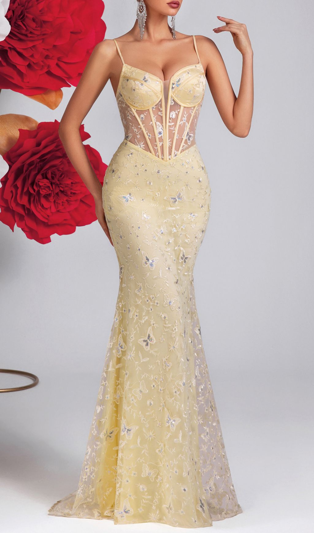 Enchanting Yellow Butterfly Corset Maxi Dress | Elegant Gala & Wedding Guest Gown