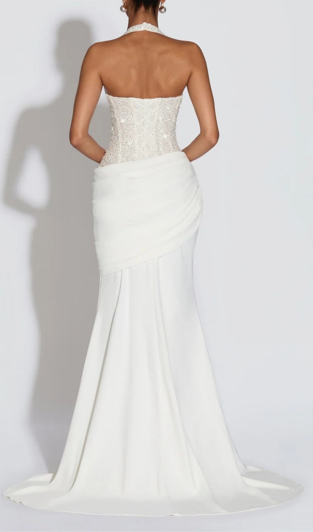 Anisij Shimmering White Sequin Halterneck Maxi Gown