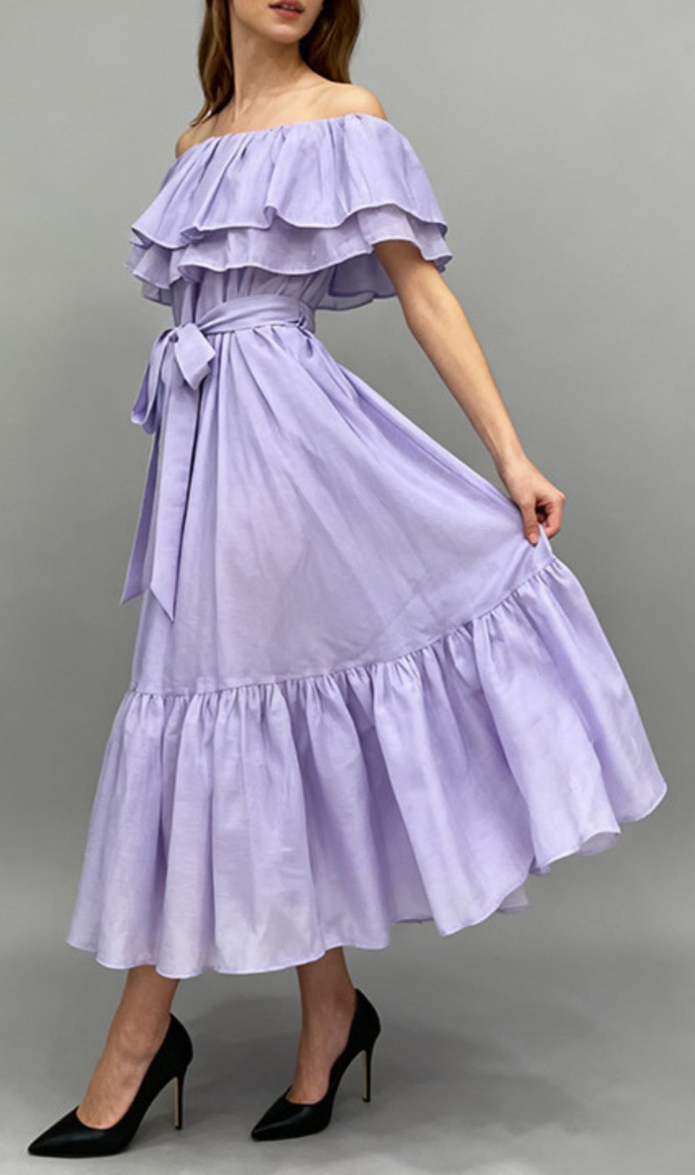 Imala Lavender Ruffled Off-Shoulder Midi Dress
