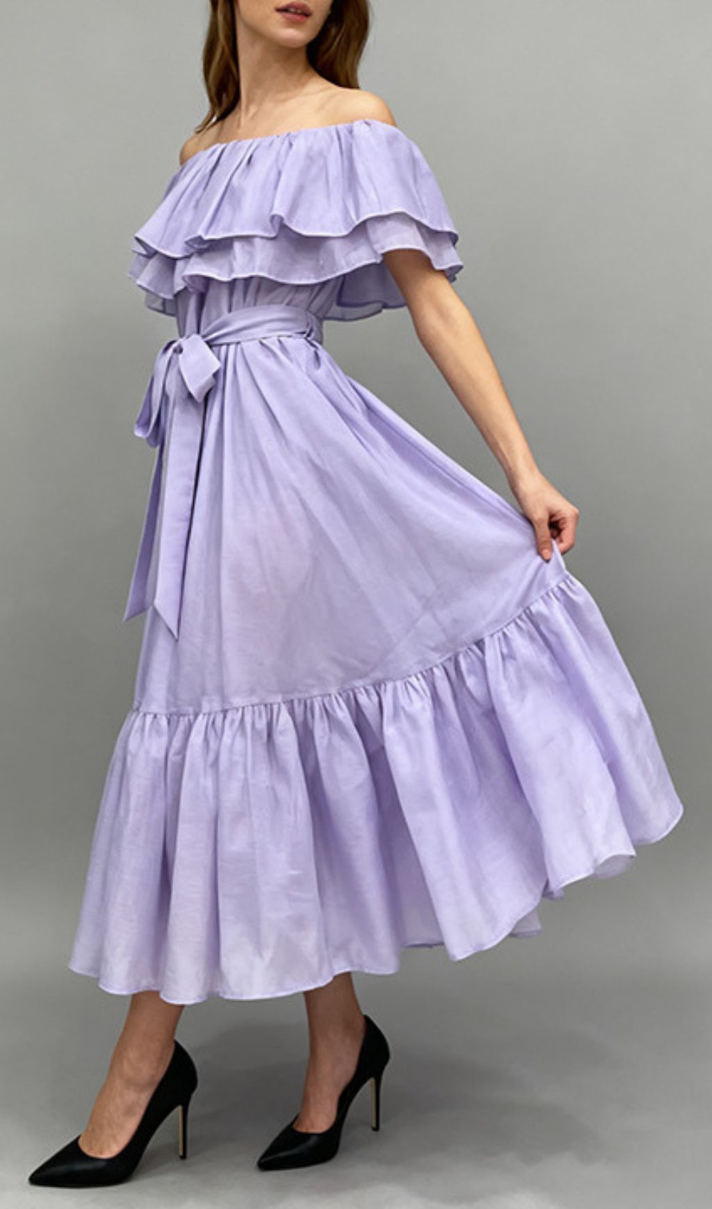Imala Lavender Ruffled Off-Shoulder Midi Dress