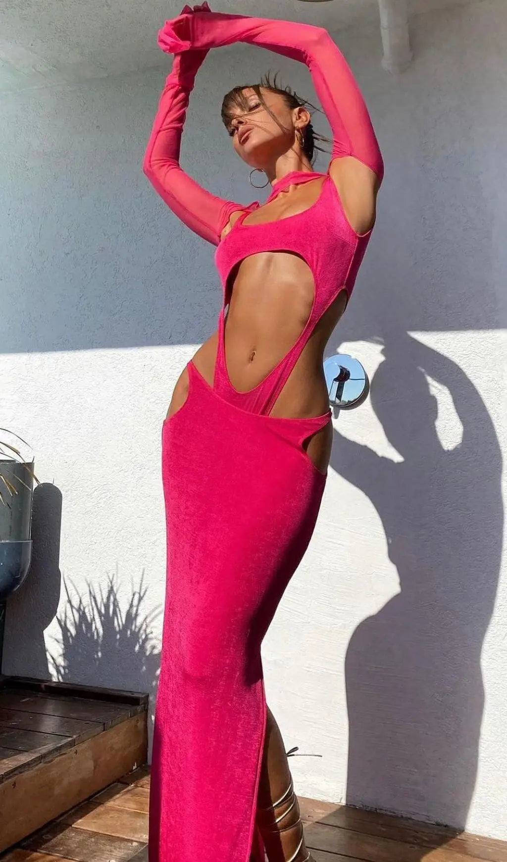 Cut Out Hip Wrap Midi Dress In Pink