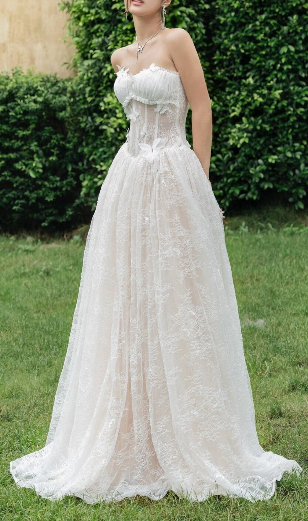 Keilani Elegant White Strapless Lace Maxi Dress | Butterfly Applique Bridal Gown