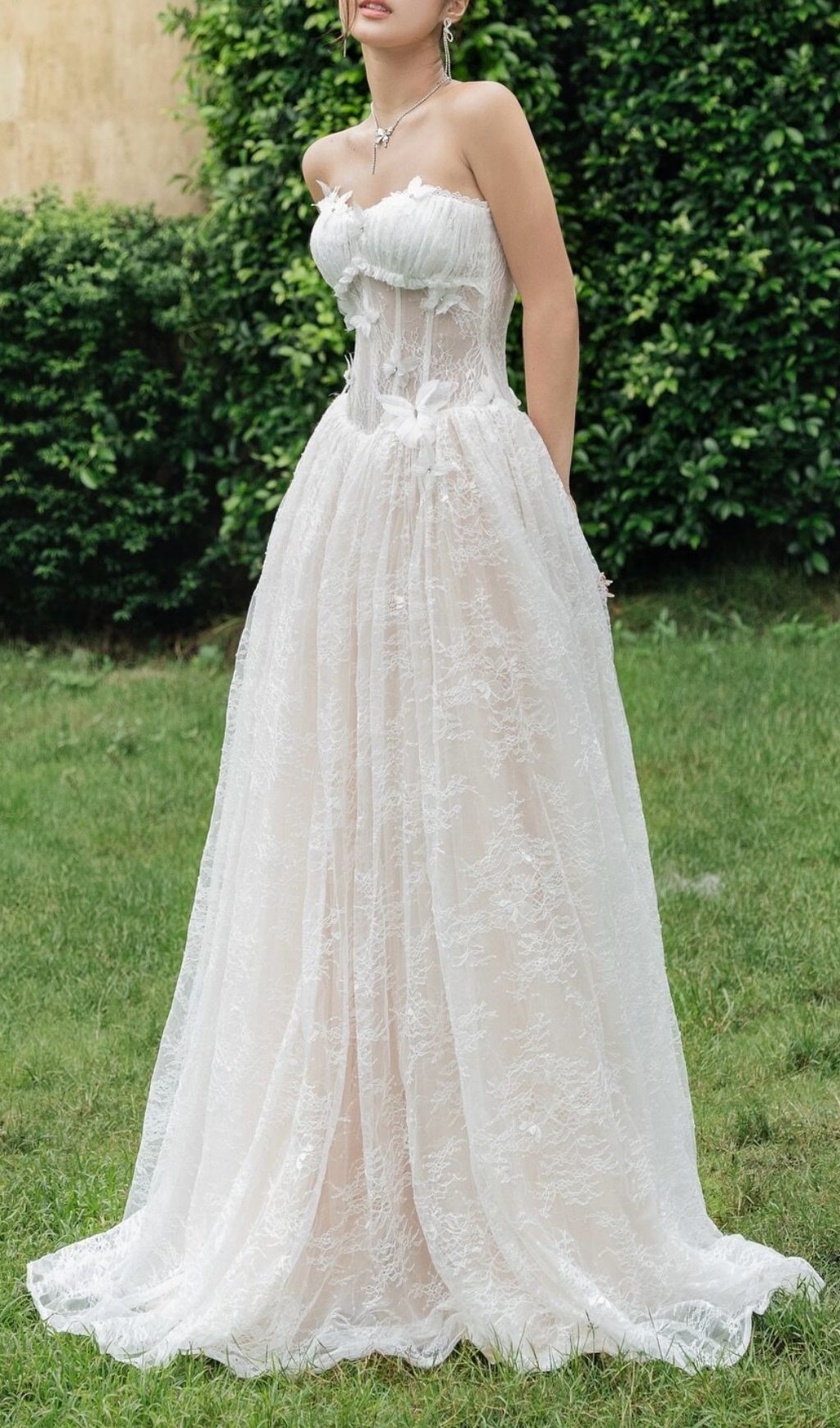 Keilani Elegant White Strapless Lace Maxi Dress | Butterfly Applique Bridal Gown