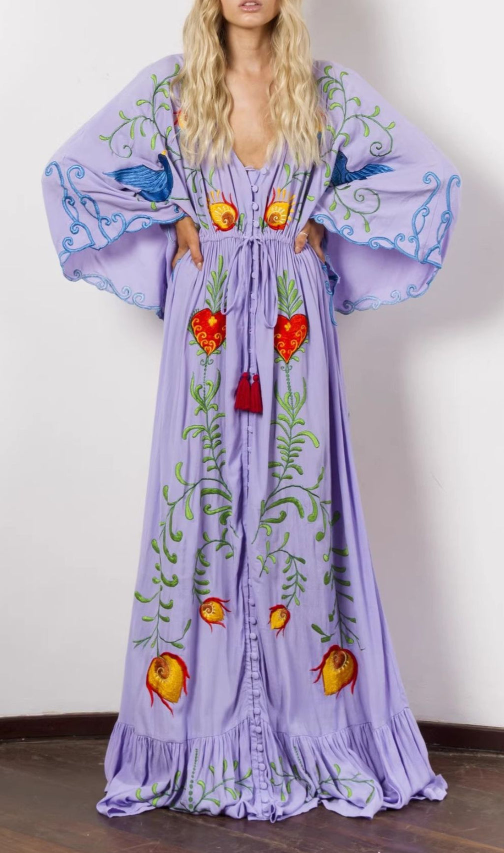 Gita Flower Embroidery Long Sleeve Maxi Dress