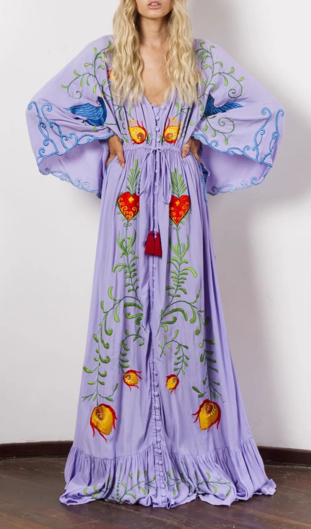 Gita Flower Embroidery Long Sleeve Maxi Dress