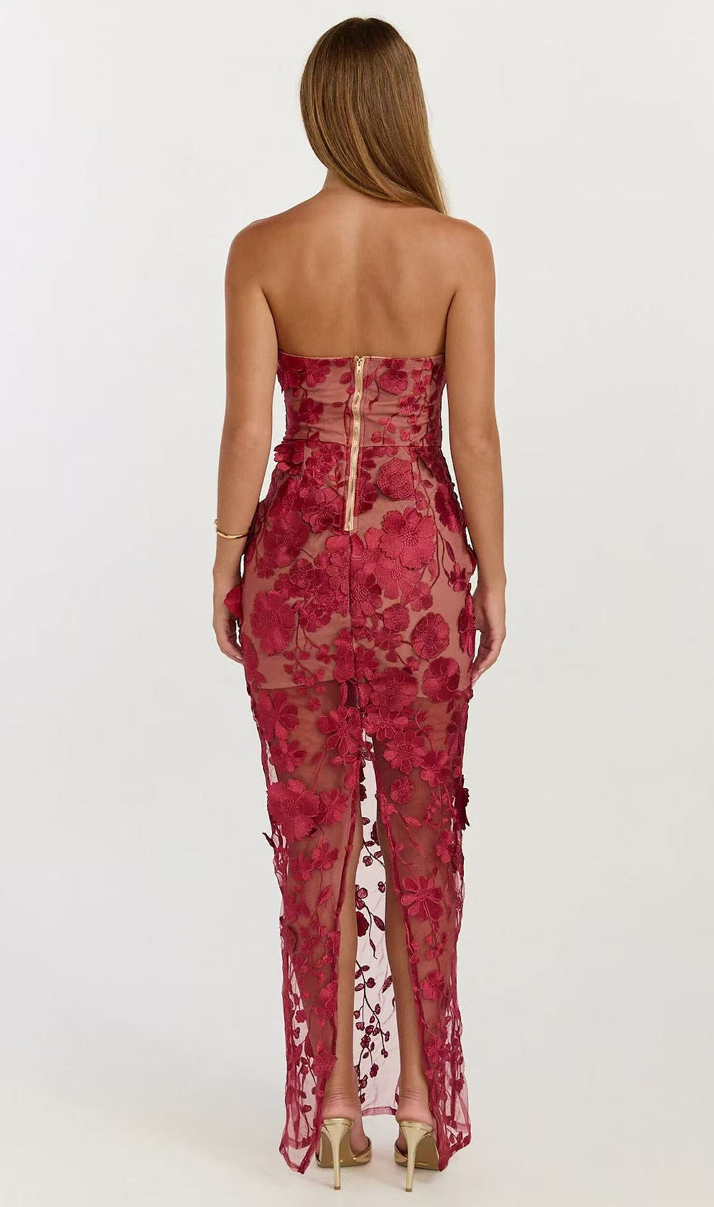 Strapless 3D Floral Mesh Maxi Dress