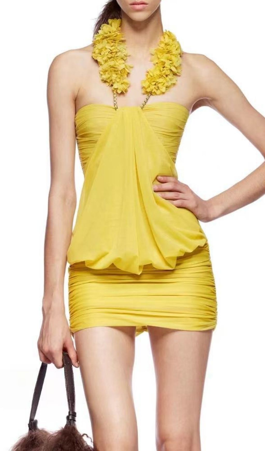 Keren Yellow Halter Ruched Mini Dress | Women's Chic Summer Party & Vacation Style