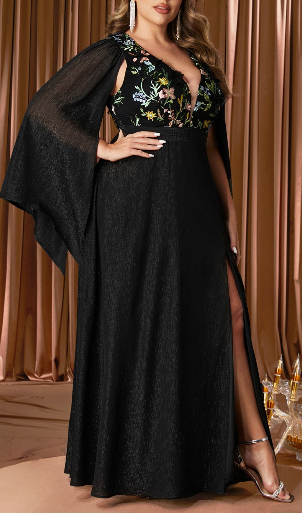 Elegant Ikaika Plus Size Floral Embroidered Maxi Dress with Dramatic Cape Sleeves