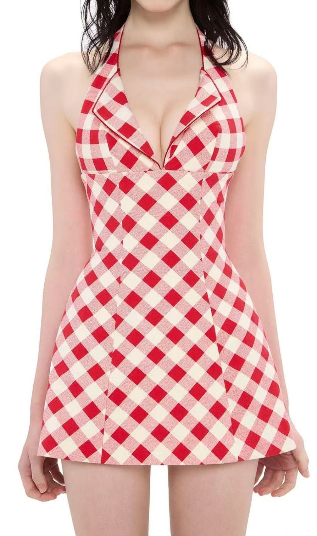 Irela Chic Gingham Halter Mini Dress - Red & White Summer Style