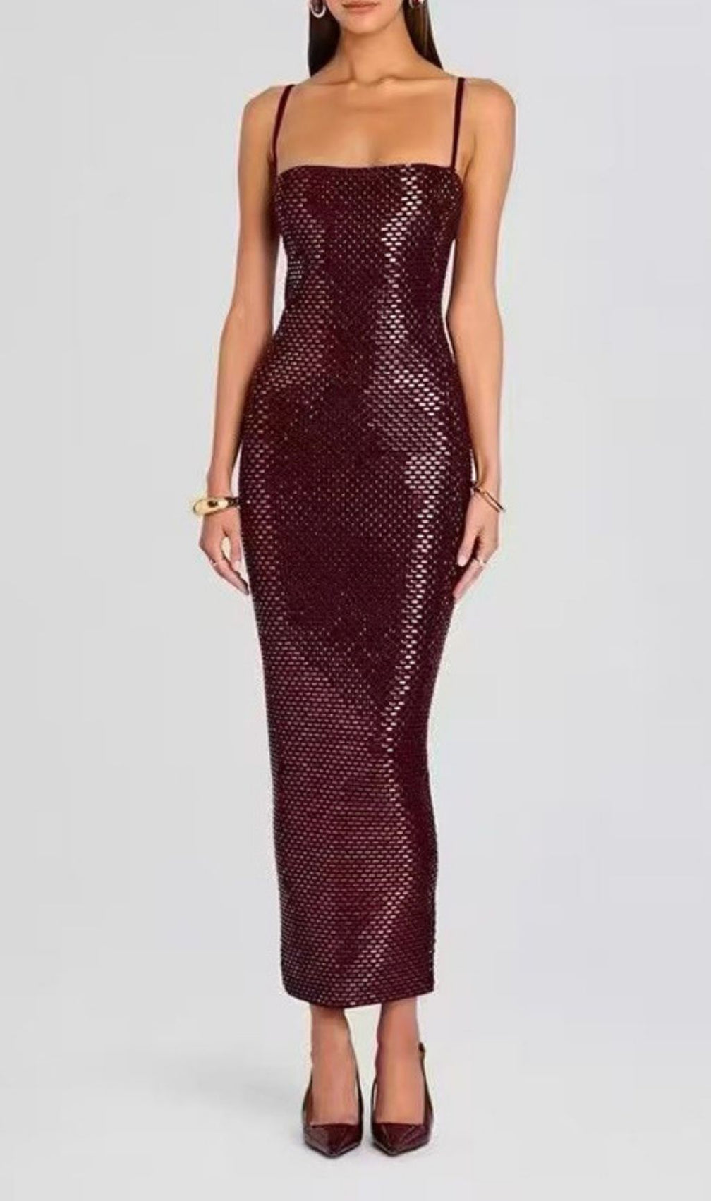 Kiyo Wine Strappy Sequin Bodycon Maxi Dress