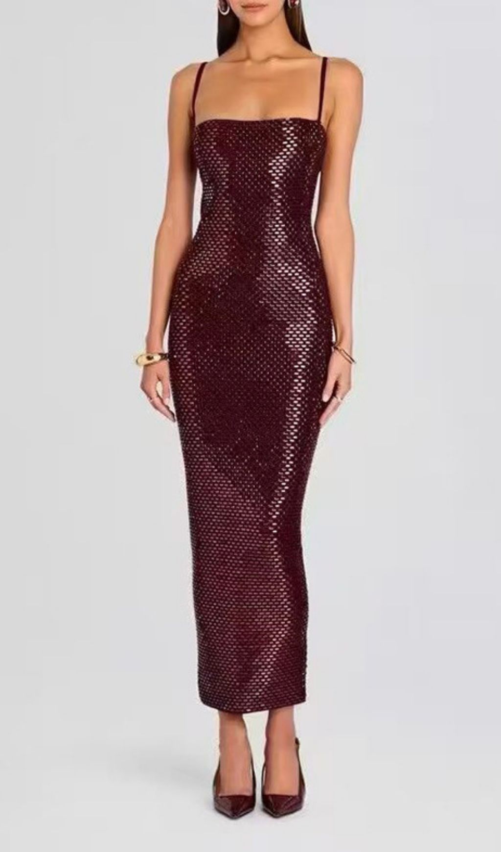 Kiyo Wine Strappy Sequin Bodycon Maxi Dress