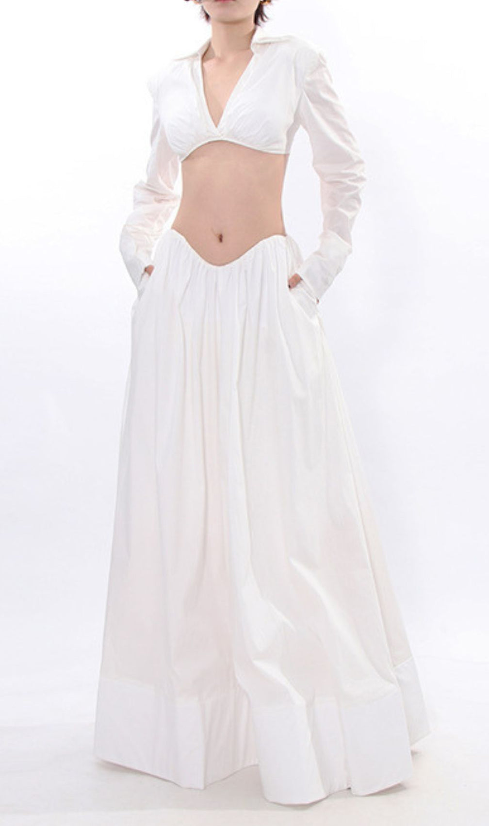 Idra Chic White Two-Piece Long Sleeve Crop Top & Maxi Skirt Set