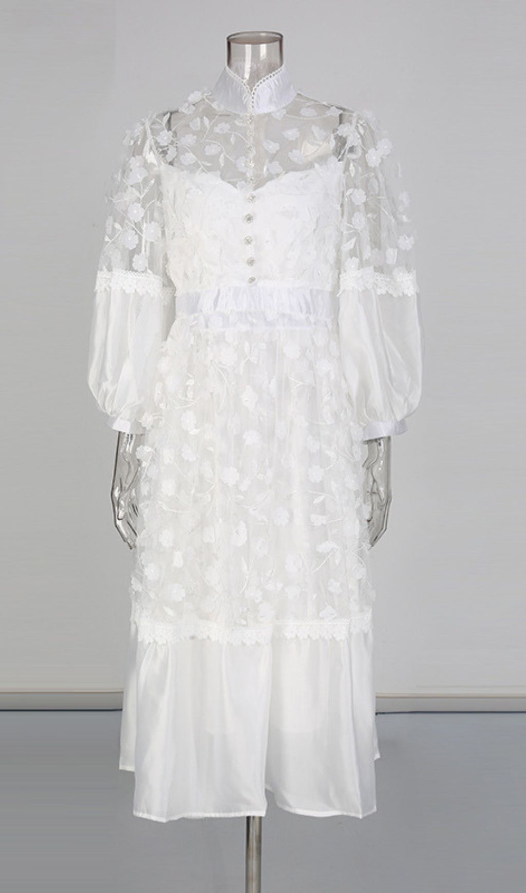 Itzayana Romantic White Floral Lace Embellished Midi Dress with Puffed Sleeves