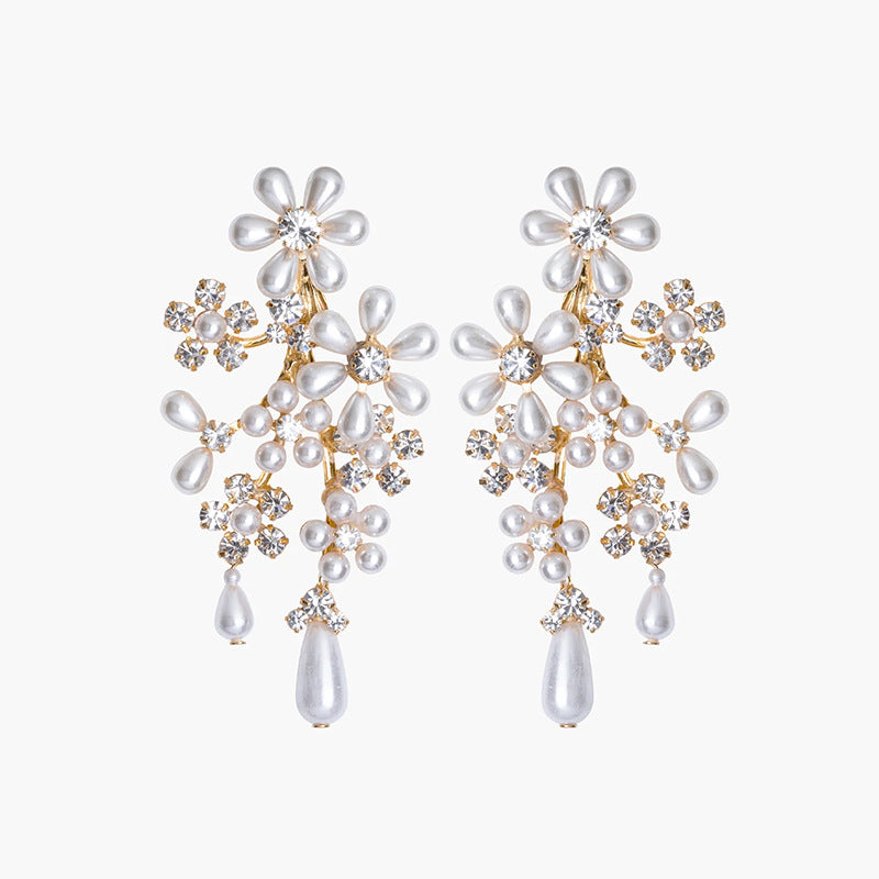 Kaitlyn Pearl & Crystal Floral Drop Earrings - Bridal & Elegant Statement
