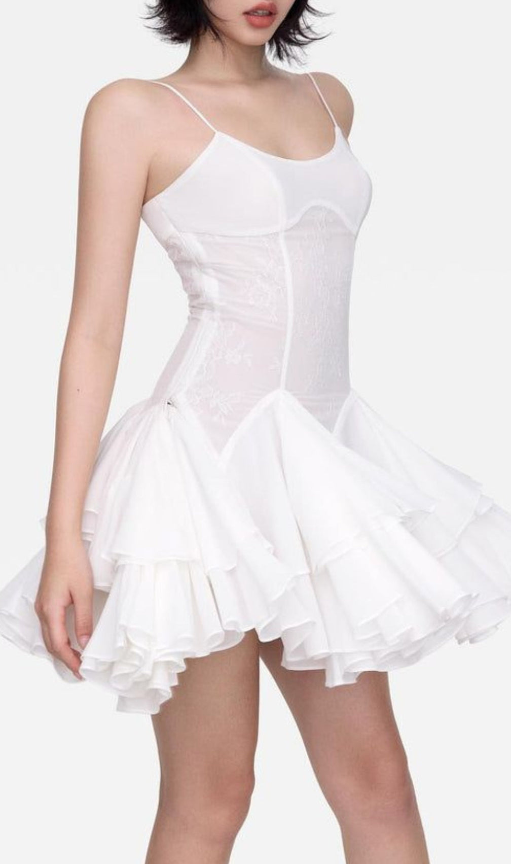 Almis White Lace Ruffle Mini Dress