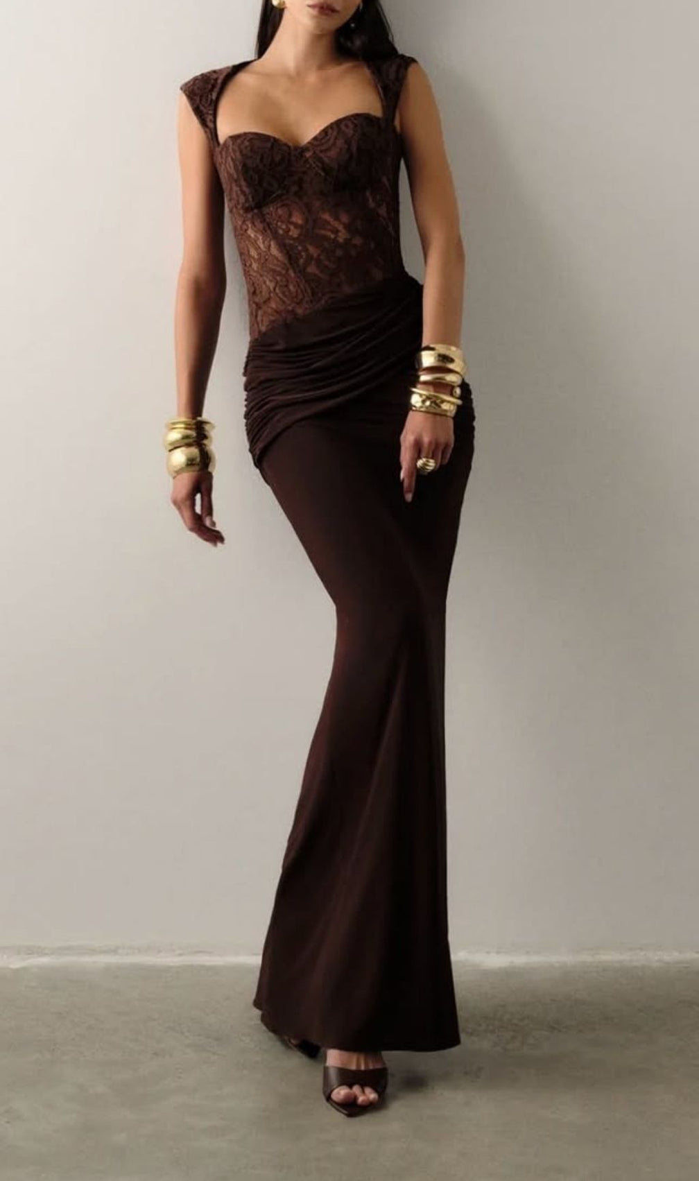 Keegan Elegant Brown Lace Ruched Maxi Dress