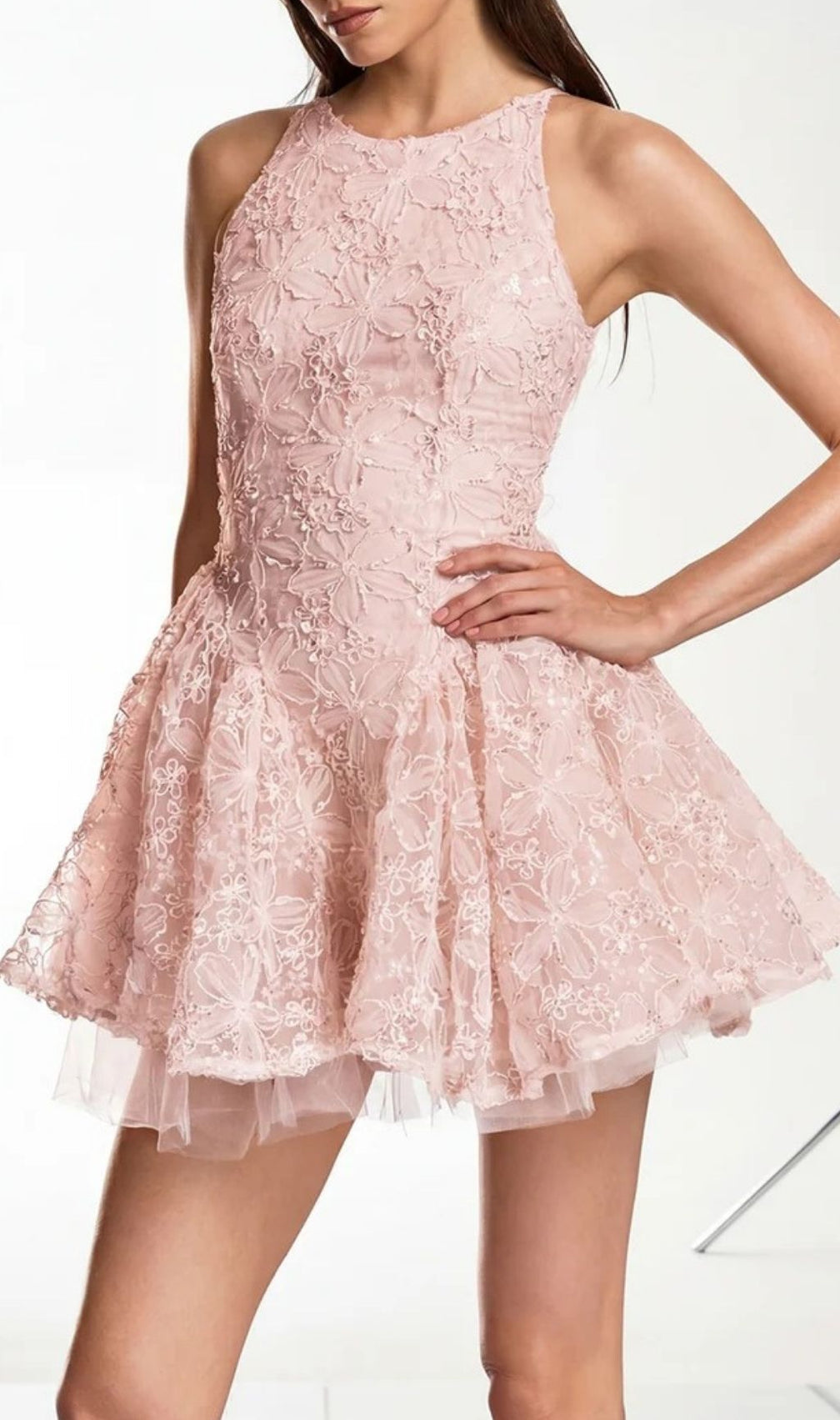 Katsumi Pink Floral Lace Halter Mini Dress | Romantic Party & Cocktail