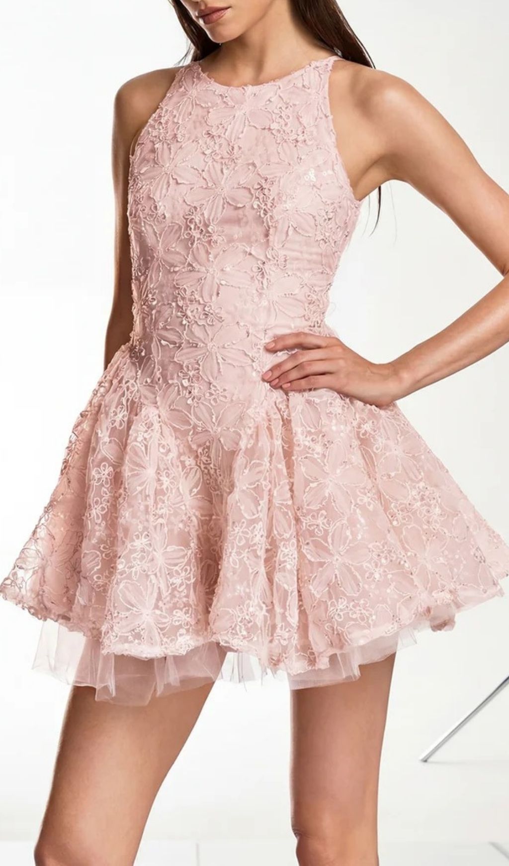 Katsumi Pink Floral Lace Halter Mini Dress | Romantic Party & Cocktail