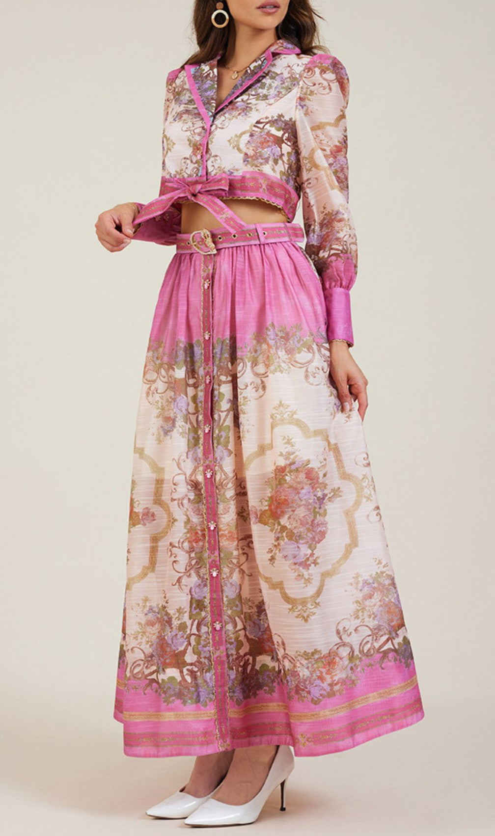 Gretchen Pink Flower Printed Long Sleeve Blouse & Skirt Set